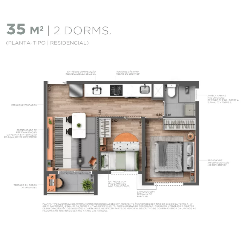 Planta de 35 m² e 2 dormitórios do Villa Pompeia