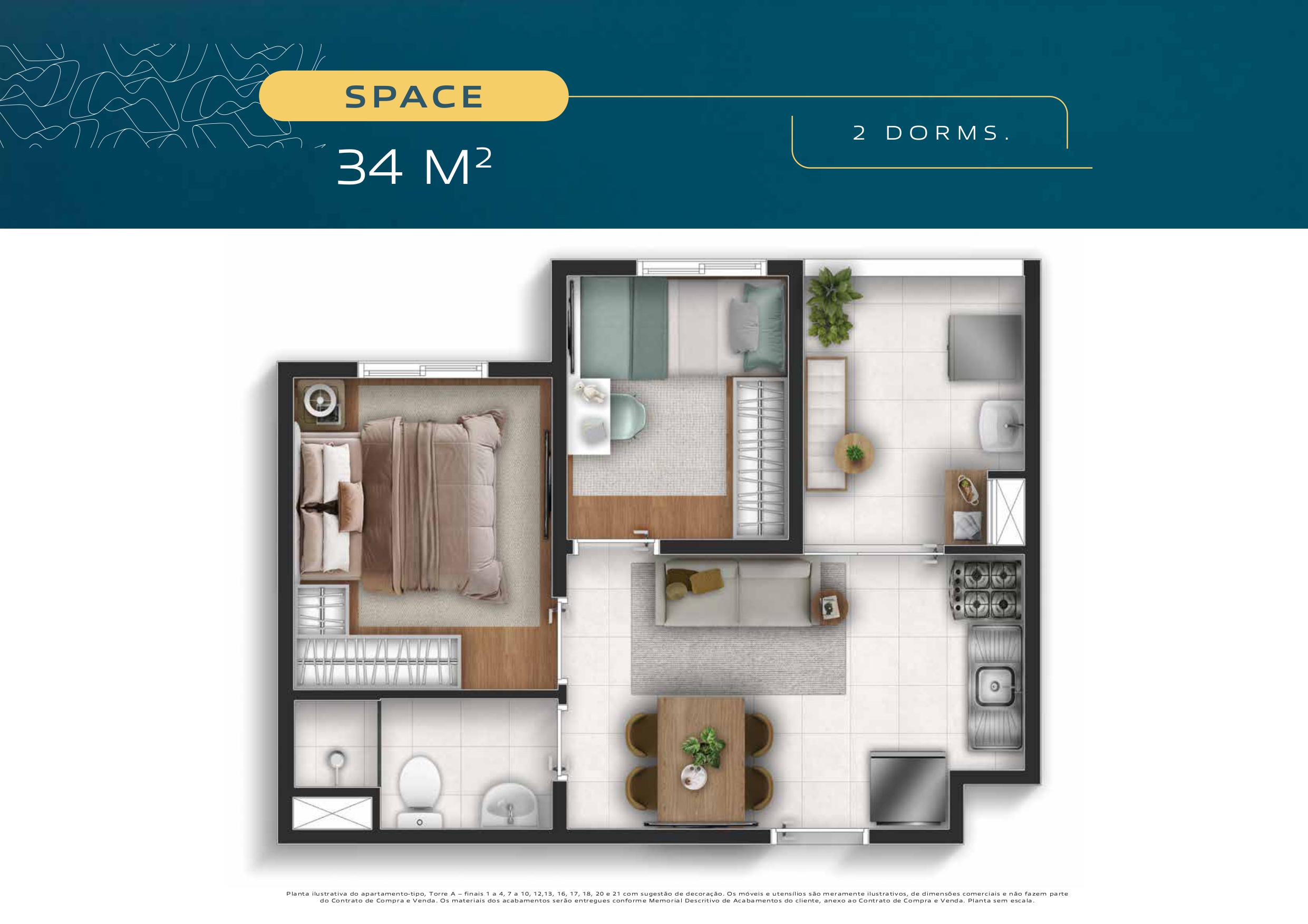 Planta de 34 m² com 2 dormitórios do Well Perdizes